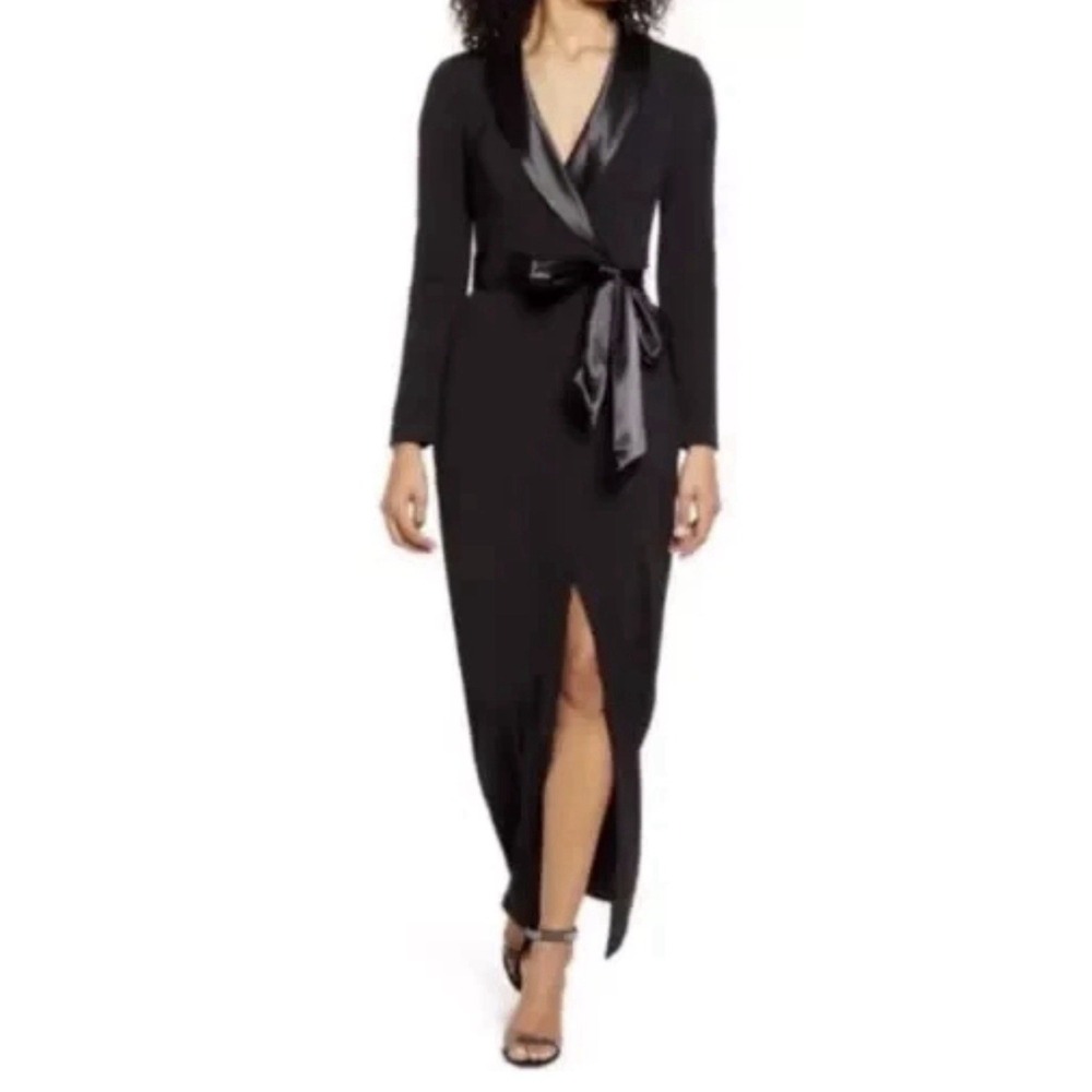 Eliza J Long Sleeve Tuxedo Gown Dress Black Size 4 Cocktail Satin Trim